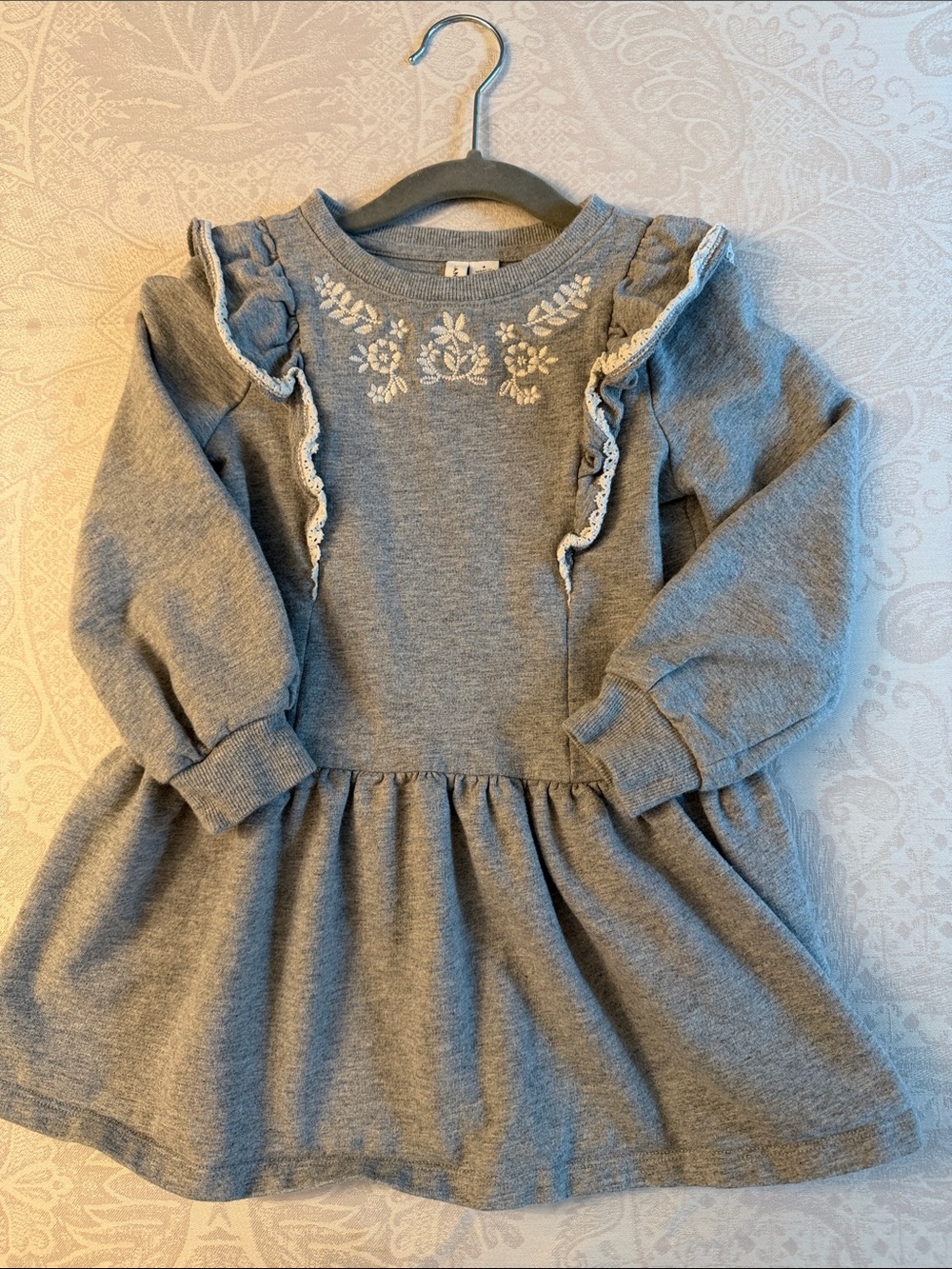 Janie and Jack Gray Sweatshirt Dress with White Embroidery